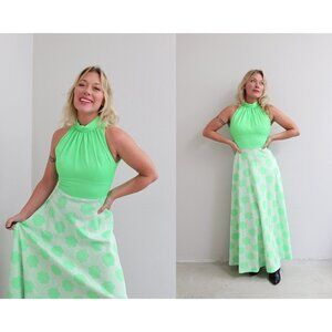 1970s Vintage Key Lie Halted Maxi Dress ~ Women's XXS to Extra Small XS 2XS 70s